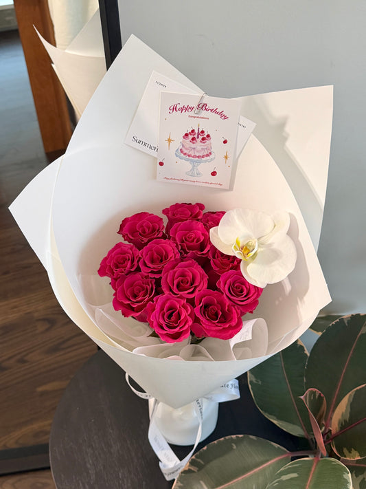 Hot Pink Rose Bouquet with Orchid